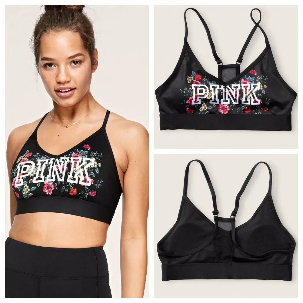 Vs Victorias Secret Pink Ultimate Lightly Lined Sports Bra Top Black Floral L - Picture 1 of 5